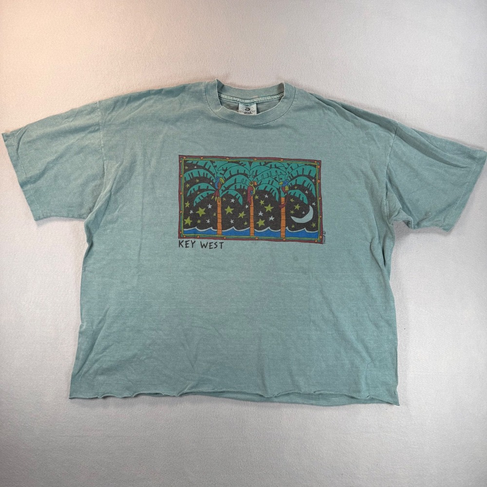 Vintage Anvil Key West T Shirt Mens 2XL Teal Green Pigment Dyed Made in USA Crop